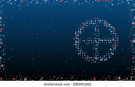 On the right is the astrological earth symbol filled with white dots. Abstract futuristic frame of dots and circles. Vector illustration on blue background with stars