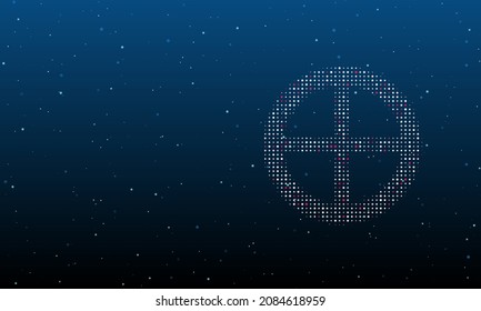 On the right is the astrological earth symbol filled with white dots. Background pattern from dots and circles of different shades. Vector illustration on blue background with stars