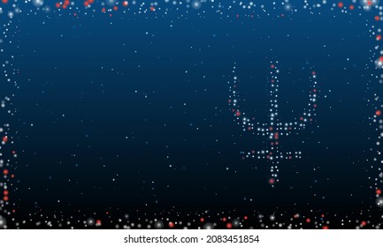 On the right is the astrological neptune symbol filled with white dots. Abstract futuristic frame of dots and circles. Vector illustration on blue background with stars
