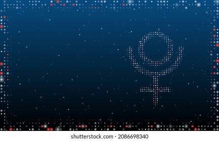 A la derecha está el símbolo astrológico pluto lleno de puntos blancos. Resumen marco futurista de puntos y círculos. Ilustración vectorial sobre fondo azul con estrellas