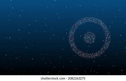 On the right is the astrological sun symbol filled with white dots. Background pattern from dots and circles of different shades. Vector illustration on blue background with stars