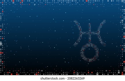 On the right is the astrological uranus symbol filled with white dots. Abstract futuristic frame of dots and circles. Vector illustration on blue background with stars