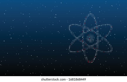 A la derecha está el símbolo atómico relleno de puntos blancos. Patrón de fondo de puntos blancos y círculos de diferentes tonalidades. Algunos puntos son rojos. Ilustración vectorial sobre fondo azul con estrellas