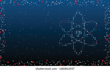 On the right is the atomic symbol symbol filled with white dots. Abstract futuristic frame of white dots and circles. Some dots is red. Vector illustration on blue background with stars