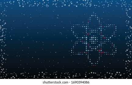 On the right is the atomic symbol symbol filled with white dots. Abstract futuristic frame of white dots and circles. Some dots is red. Vector illustration on blue background with stars