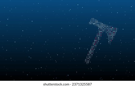 On the right is the axe symbol filled with white dots. Background pattern from dots and circles of different shades. Vector illustration on blue background with stars