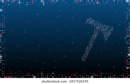 On the right is the axe symbol filled with white dots. Pointillism style. Abstract futuristic frame of dots and circles. Some dots is pink. Vector illustration on blue background with stars