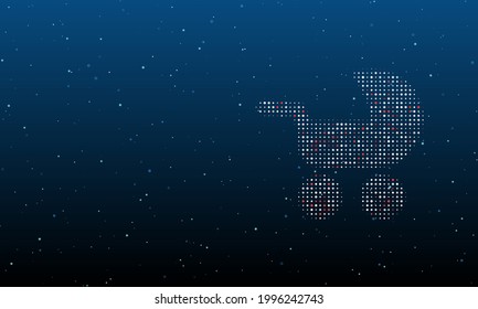 On the right is the baby carriage symbol filled with white dots. Background pattern from dots and circles of different shades. Vector illustration on blue background with stars