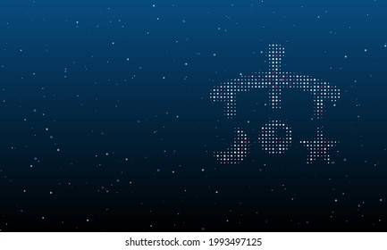 On the right is the baby mobile symbol filled with white dots. Background pattern from dots and circles of different shades. Vector illustration on blue background with stars