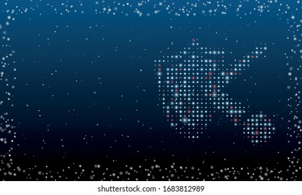 On the right is the ball bounces off the shield symbol filled with white dots. Abstract futuristic frame of white dots and circles. Some dots is red. Vector illustration on blue background with stars