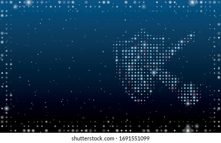 On the right is the ball bounces off the shield symbol filled with white dots. Abstract futuristic frame of white dots and circles. Some dots is red. Vector illustration on blue background with stars
