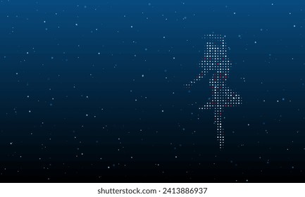 On the right is the ballerina symbol filled with white dots. Background pattern from dots and circles of different shades. Vector illustration on blue background with stars