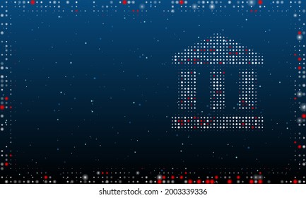 On the right is the bank symbol filled with white dots. Pointillism style. Abstract futuristic frame of dots and circles. Some dots is red. Vector illustration on blue background with stars