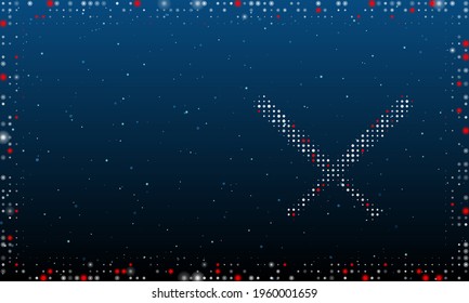 On the right is the baseball bats symbol filled with white dots. Pointillism style. Abstract futuristic frame of dots and circles. Some dots is red. Vector illustration on blue background with stars