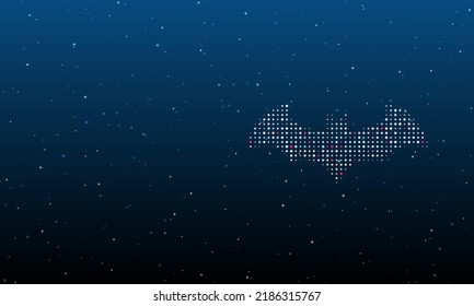 On the right is the bat symbol filled with white dots. Background pattern from dots and circles of different shades. Vector illustration on blue background with stars