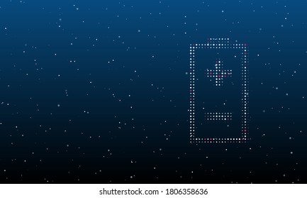 On the right is the battery symbol filled with white dots. Background pattern from dots and circles of different shades. Some dots is pink. Vector illustration on blue background with stars