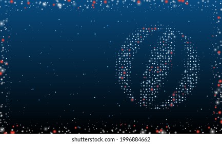 On the right is the beach ball symbol filled with white dots. Pointillism style. Abstract futuristic frame of dots and circles. Some dots is red. Vector illustration on blue background with stars