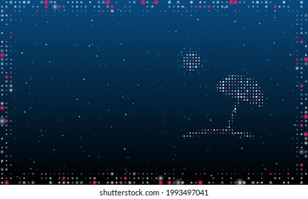 On the right is the beach symbol filled with white dots. Pointillism style. Abstract futuristic frame of dots and circles. Some dots is pink. Vector illustration on blue background with stars