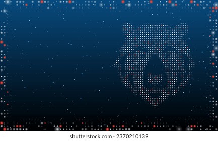 On the right is the bear head symbol filled with white dots. Pointillism style. Abstract futuristic frame of dots and circles. Some dots is red. Vector illustration on blue background with stars