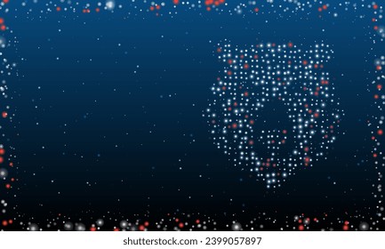 On the right is the bear head symbol filled with white dots. Pointillism style. Abstract futuristic frame of dots and circles. Some dots is red. Vector illustration on blue background with stars