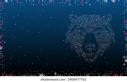 On the right is the bear head symbol filled with white dots. Pointillism style. Abstract futuristic frame of dots and circles. Some dots is pink. Vector illustration on blue background with stars