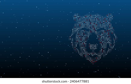 On the right is the bear head symbol filled with white dots. Background pattern from dots and circles of different shades. Vector illustration on blue background with stars