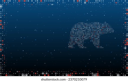 On the right is the bear symbol filled with white dots. Pointillism style. Abstract futuristic frame of dots and circles. Some dots is red. Vector illustration on blue background with stars