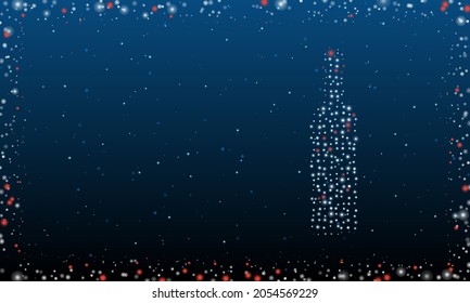 On the right is the beer bottle symbol filled with white dots. Pointillism style. Abstract futuristic frame of dots and circles. Some dots is red. Vector illustration on blue background with stars
