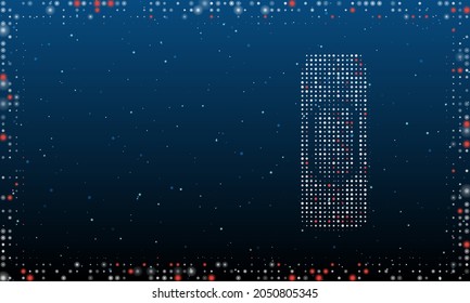 On the right is the beer can symbol filled with white dots. Pointillism style. Abstract futuristic frame of dots and circles. Some dots is red. Vector illustration on blue background with stars