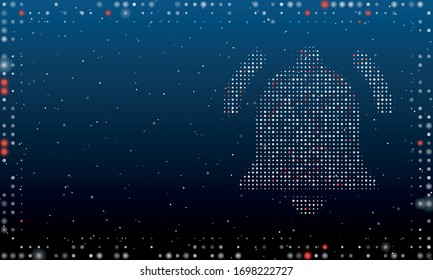 On the right is the bell symbol filled with white dots. Abstract futuristic frame of white dots and circles. Some dots is red. Vector illustration on blue background with stars