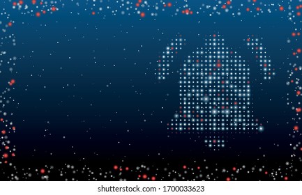 On the right is the bell symbol filled with white dots. Abstract futuristic frame of white dots and circles. Some dots is red. Vector illustration on blue background with stars