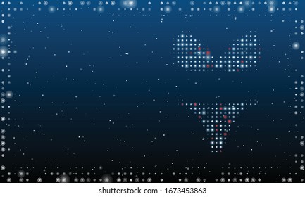 On the right is the bikini symbol filled with white dots. Abstract futuristic frame of white dots and circles. Some dots is red. Vector illustration on blue background with stars