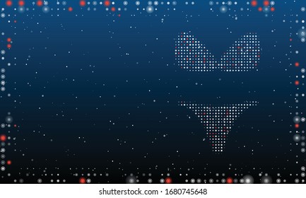 On the right is the bikini symbol filled with white dots. Abstract futuristic frame of white dots and circles. Some dots is red. Vector illustration on blue background with stars