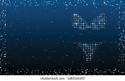 On the right is the bikini symbol filled with white dots. Abstract futuristic frame of white dots and circles. Some dots is red. Vector illustration on blue background with stars