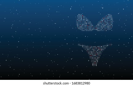 Auf der rechten Seite befindet sich das Bikini-Symbol mit weißen Punkten. Hintergrundmuster aus weißen Punkten und Kreisen verschiedener Farbtöne. Einige Punkte sind rot. Vektorillustration auf blauem Hintergrund mit Sternen
