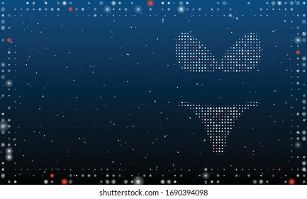 A la derecha está el símbolo bikini lleno de puntos blancos. Dibujo futurista abstracto de puntos y círculos blancos. Algunos puntos son rojos. Ilustración vectorial sobre fondo azul con estrellas