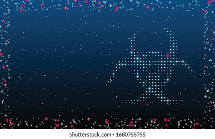 On the right is the biohazard symbol filled with white dots. Abstract futuristic frame of white dots and circles. Some dots is pink. Vector illustration on blue background with stars