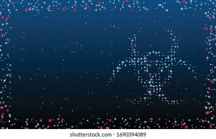 Auf der rechten Seite befindet sich das mit weißen Punkten gefüllte Biogefährdungszeichen. Abstrakter futuristischer Rahmen aus weißen Punkten und Kreisen. Einige Punkte sind rosa. Vektorillustration auf blauem Hintergrund mit Sternen