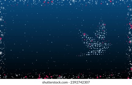 On the right is the bird symbol filled with white dots. Pointillism style. Abstract futuristic frame of dots and circles. Some dots is pink. Vector illustration on blue background with stars