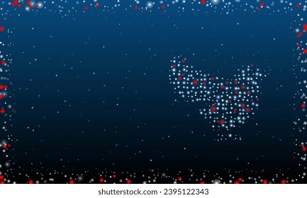 On the right is the bird symbol filled with white dots. Pointillism style. Abstract futuristic frame of dots and circles. Some dots is red. Vector illustration on blue background with stars