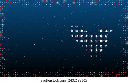 A la derecha está el símbolo de pájaro lleno de puntos blancos. Estilo de puntillismo. Resumen marco futurista de puntos y círculos. Algunos puntos son rojos. Ilustración vectorial sobre fondo azul con estrellas