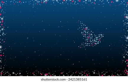 On the right is the bird symbol filled with white dots. Pointillism style. Abstract futuristic frame of dots and circles. Some dots is pink. Vector illustration on blue background with stars