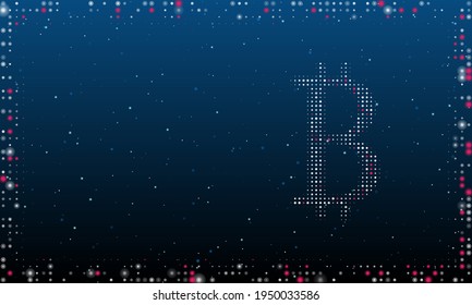 On the right is the bitcoin symbol filled with white dots. Pointillism style. Abstract futuristic frame of dots and circles. Some dots is pink. Vector illustration on blue background with stars
