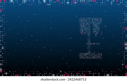 A la derecha está el aburrido símbolo del molino lleno de puntos blancos. Estilo de puntillismo. Resumen marco futurista de puntos y círculos. Algunos puntos son rosas. Ilustración vectorial sobre fondo azul con estrellas
