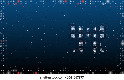 On the right is the bow symbol filled with white dots. Abstract futuristic frame of dots and circles. Some dots is red. Vector illustration on blue background with stars