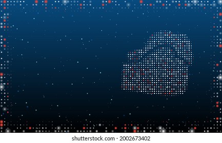 On the right is the boxing gloves symbol filled with white dots. Pointillism style. Abstract futuristic frame of dots and circles. Some dots is red. Vector illustration on blue background with stars