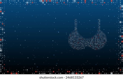 A la derecha está el símbolo del sujetador lleno de puntos blancos. Estilo puntillismo. Abstractas marco futurista de puntos y círculos. Algunos puntos son rojos. Ilustración vectorial sobre fondo azul con estrellas