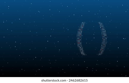 On the right is the brackets symbol filled with white dots. Background pattern from dots and circles of different shades. Vector illustration on blue background with stars