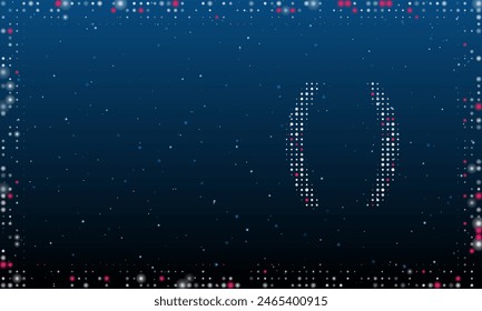 On the right is the brackets symbol filled with white dots. Pointillism style. Abstract futuristic frame of dots and circles. Some dots is pink. Vector illustration on blue background with stars