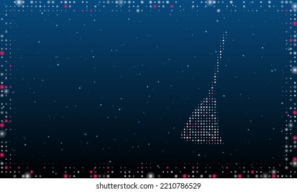 On the right is the broom symbol filled with white dots. Pointillism style. Abstract futuristic frame of dots and circles. Some dots is pink. Vector illustration on blue background with stars